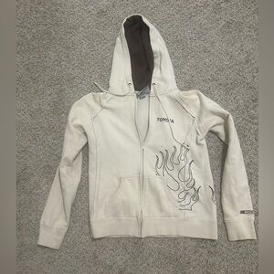Y2K Toyota Cream Jacket Flame Design Boys Size Medium Brown Hooded Zip Up NASCAR